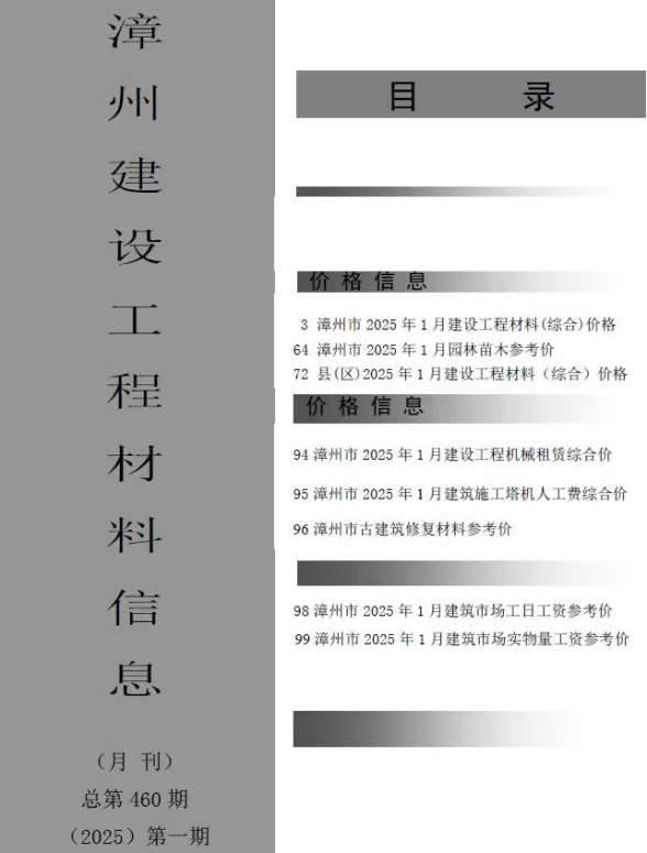 漳州2025年1月材料价格信息