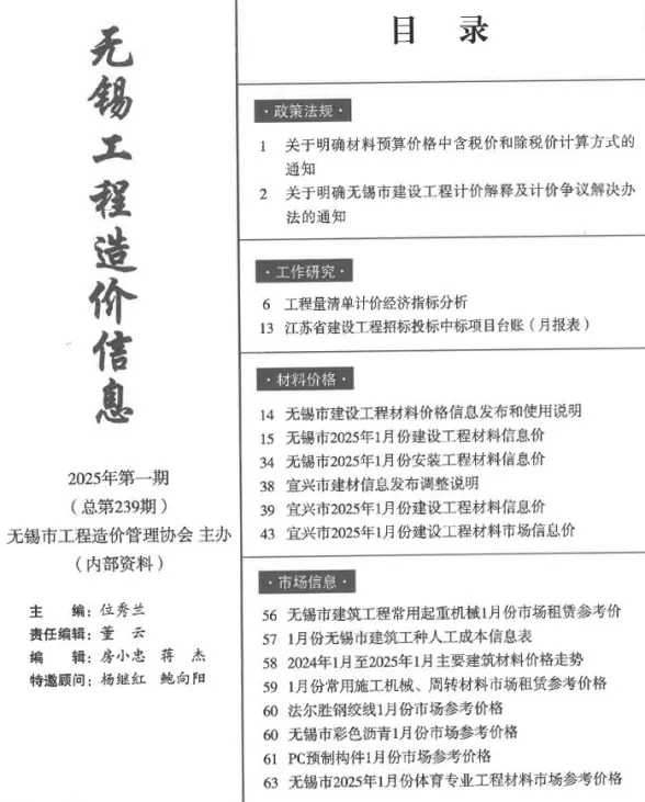 无锡市2025年1月结算造价信息