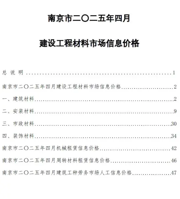 南京市2025年4月材料造价信息