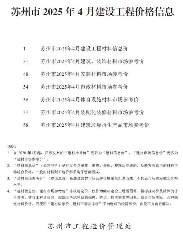 苏州市2025年4月工程造价信息