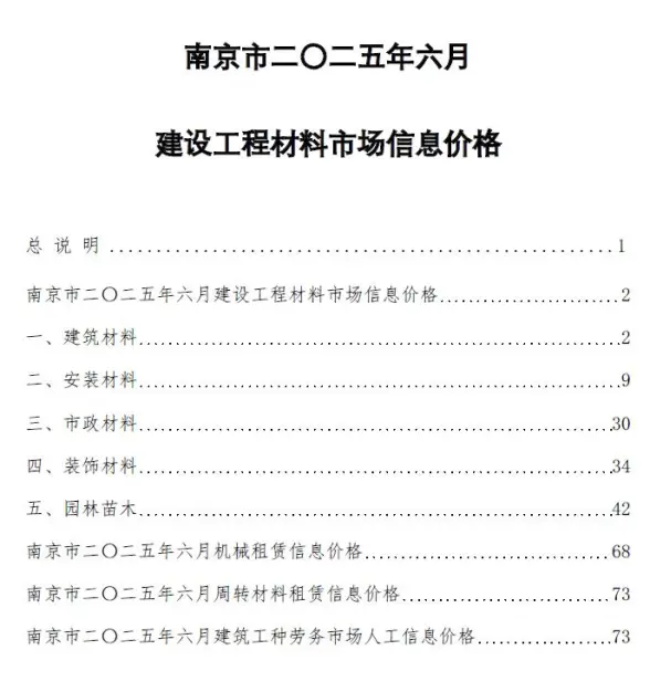 南京市2025年6月材料造价信息