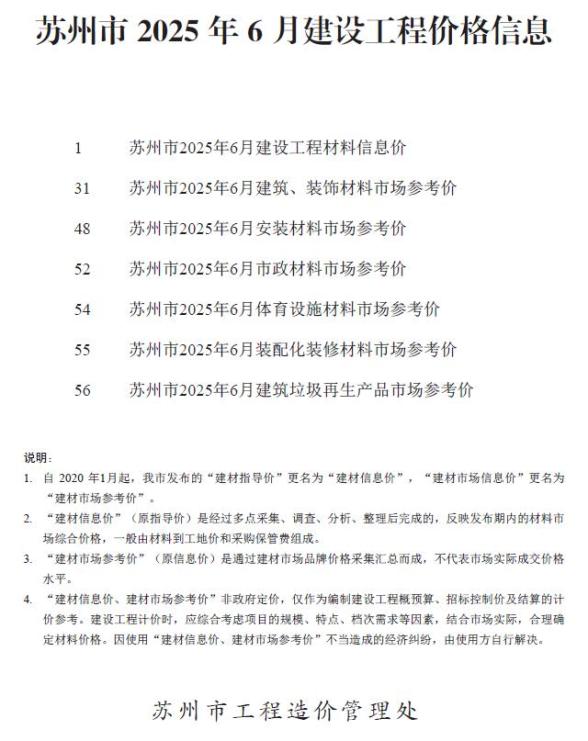 苏州市2025年6月造价信息
