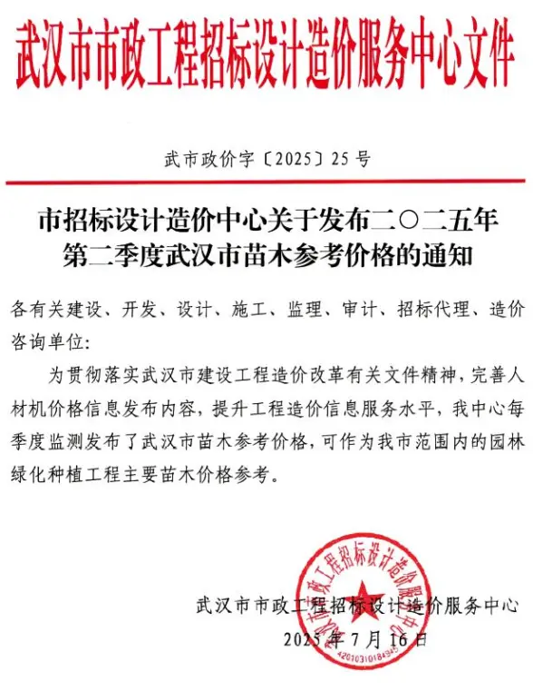 武汉2025年2季度苗木工程材料信息
