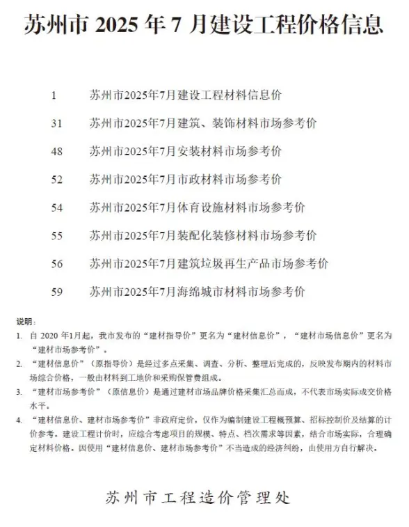 苏州市2025年7月工程预算价