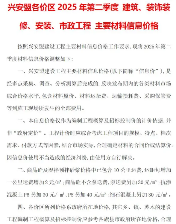 兴安盟2025年2季度4、5、6月工程信息价