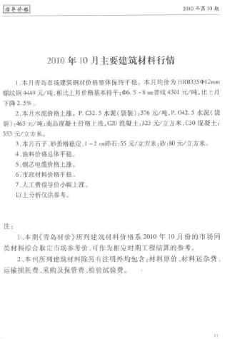 2010年10月青岛施工水电工程造价信息价