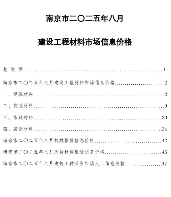 南京市2025年8月工程造价信息