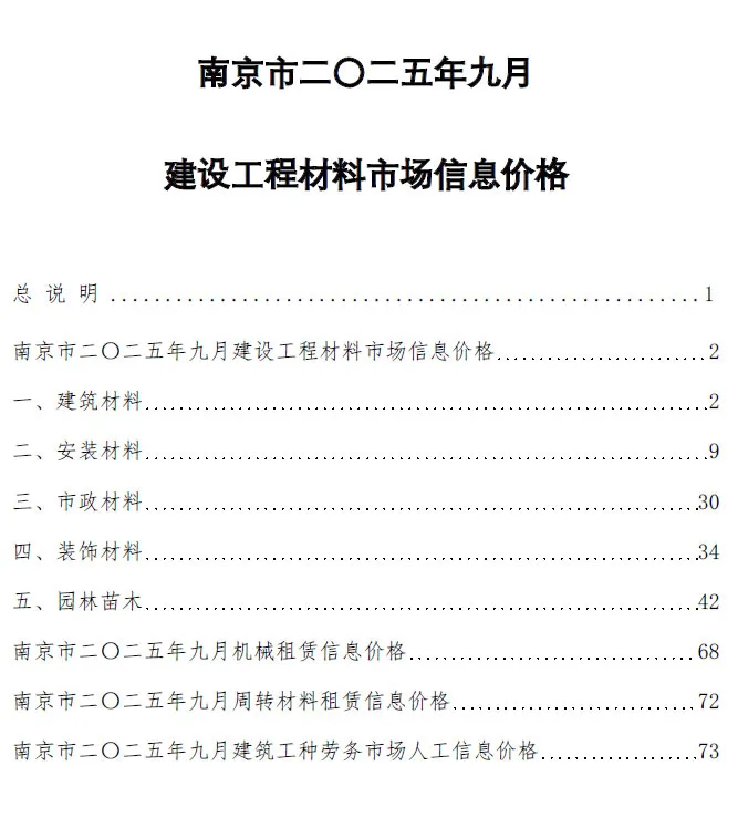 南京2025年9月造价信息