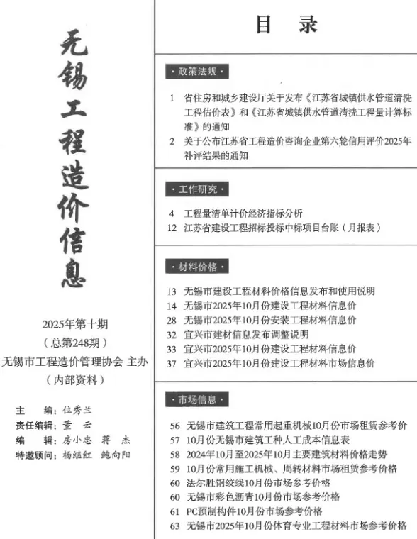 无锡2025年10月工程信息价期刊扫描件pdf 无锡2025年10月工程信息价