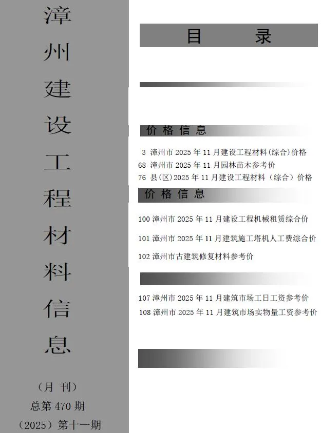 2025年11月漳州建设工程材料信息(造价信息)第一页