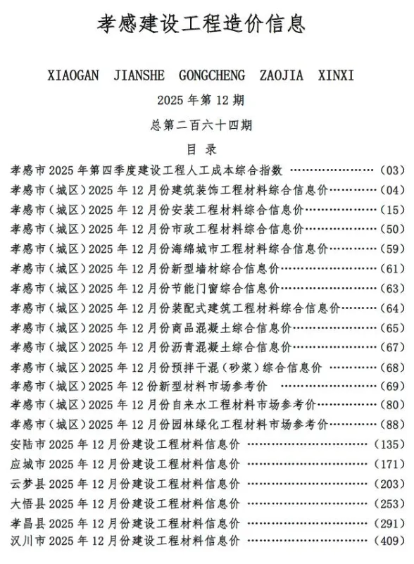 孝感2025年12月建材指导价