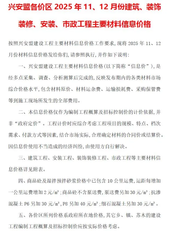 兴安盟2025年11、12月(第6期)建材造价信息