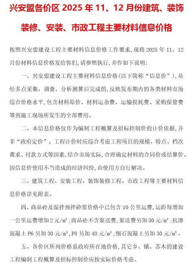 兴安盟2025年11、12月(第6期)建设工程造价信息 2025年兴安盟建设工程造价信息(建材指导价)第一页