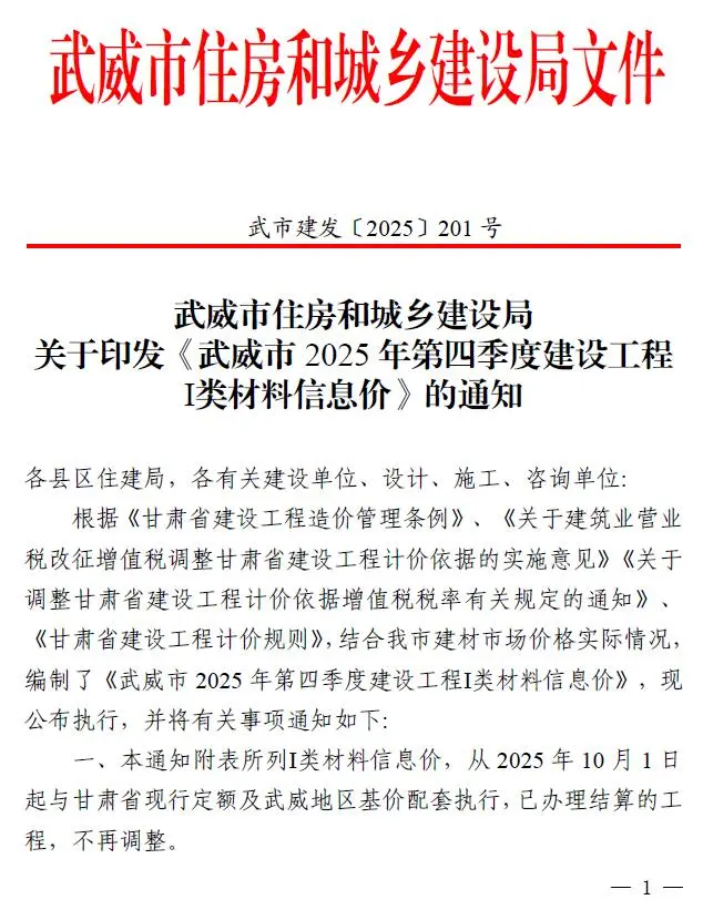 武威市2025年4季度工程造价信息价期刊第一页