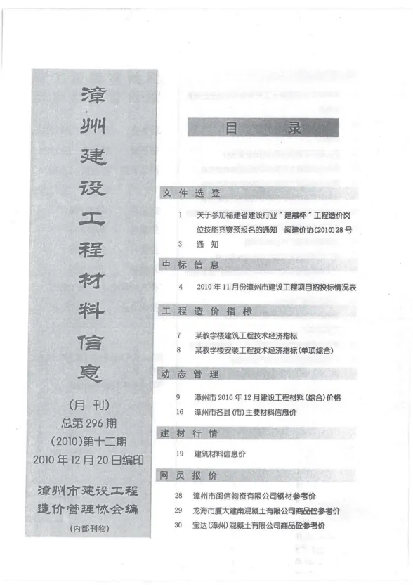 漳州2010年12月建材结算价