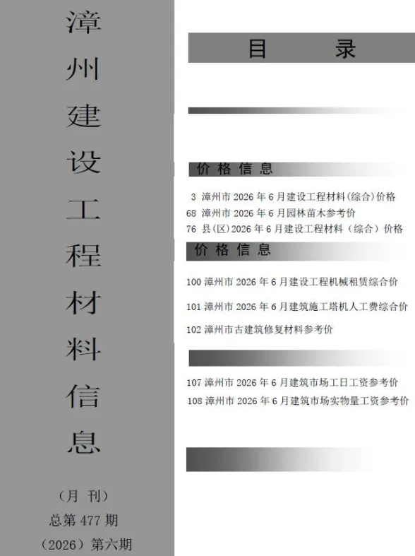 漳州市2026年6月建材造价信息PDF第一页