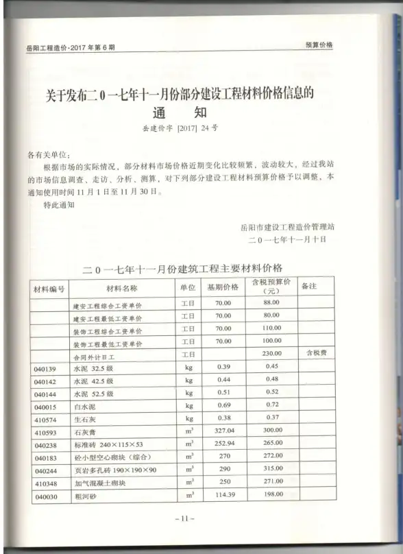 岳阳市2017年11月工程造价信息