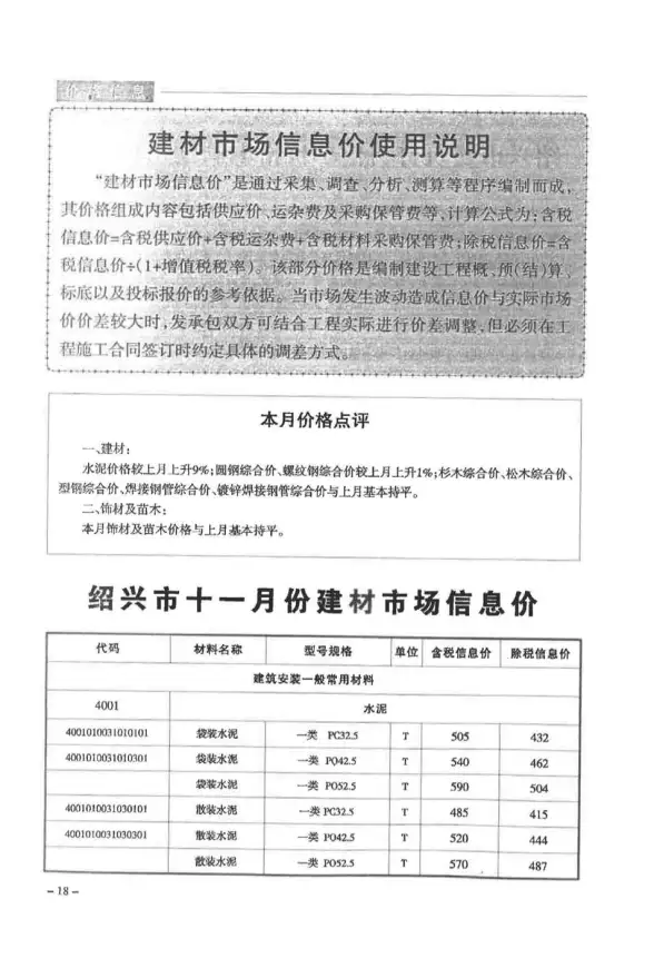 绍兴市2017年11月招标造价信息