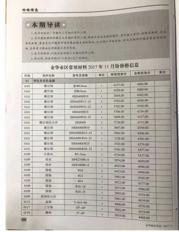 金华市2017年11月工程造价信息