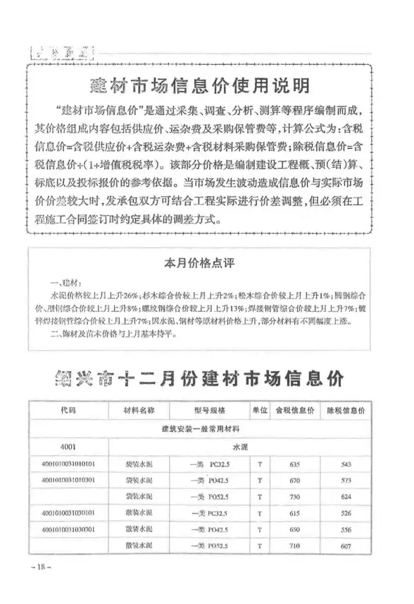 绍兴市2017年12月招标造价信息