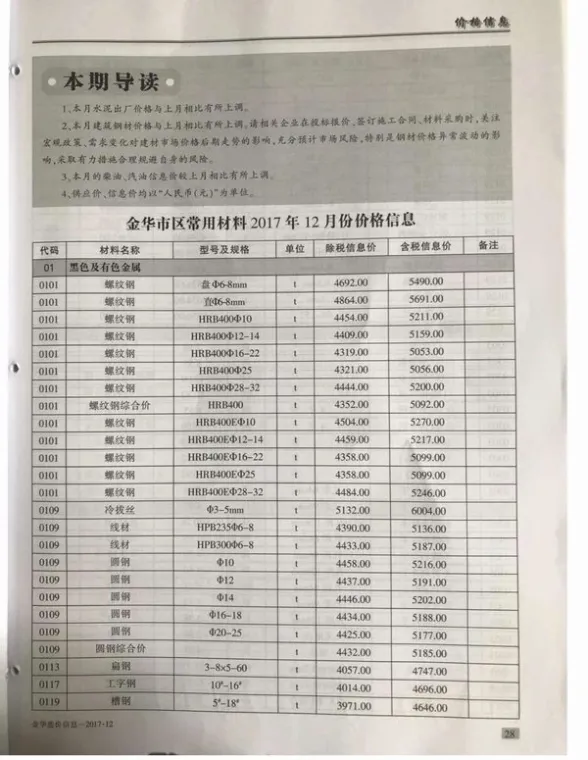 金华市2017年12月工程造价信息