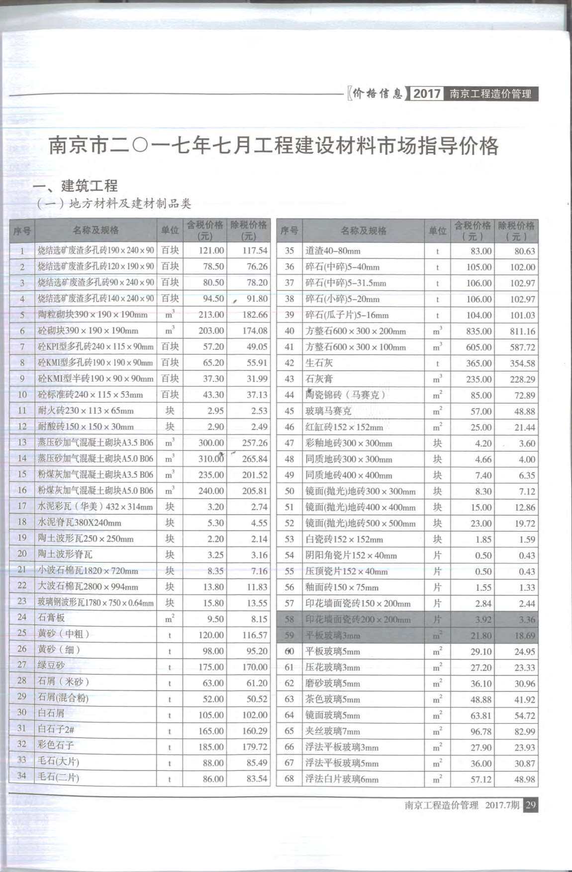 南京市2017年7月工程造价信息期刊封面