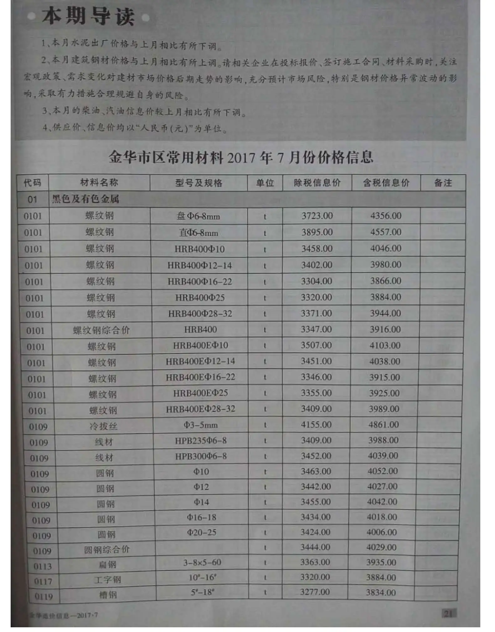 2017年7月金华造价信息