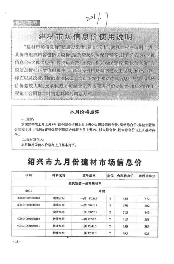 绍兴市2017年9月建设工程造价管理信息封面