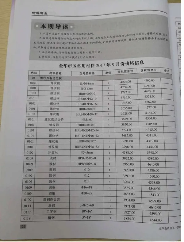 金华市2017年9月造价信息