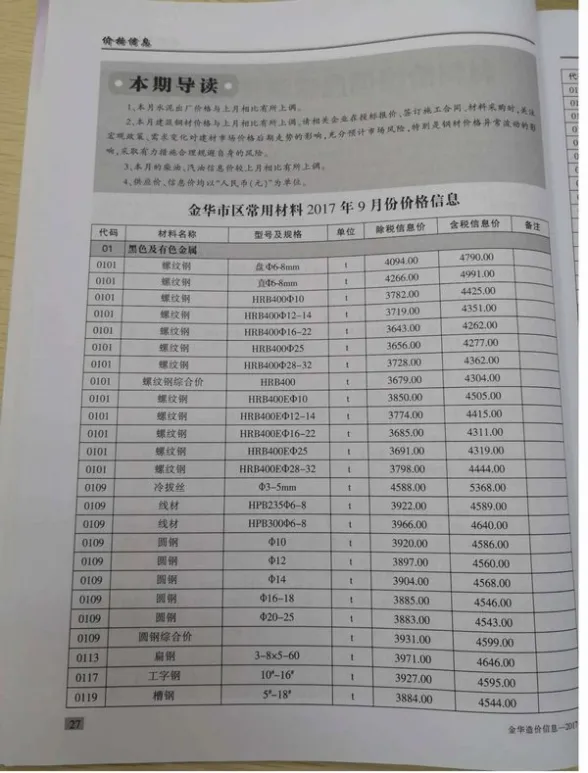 金华市2017年9月工程造价信息