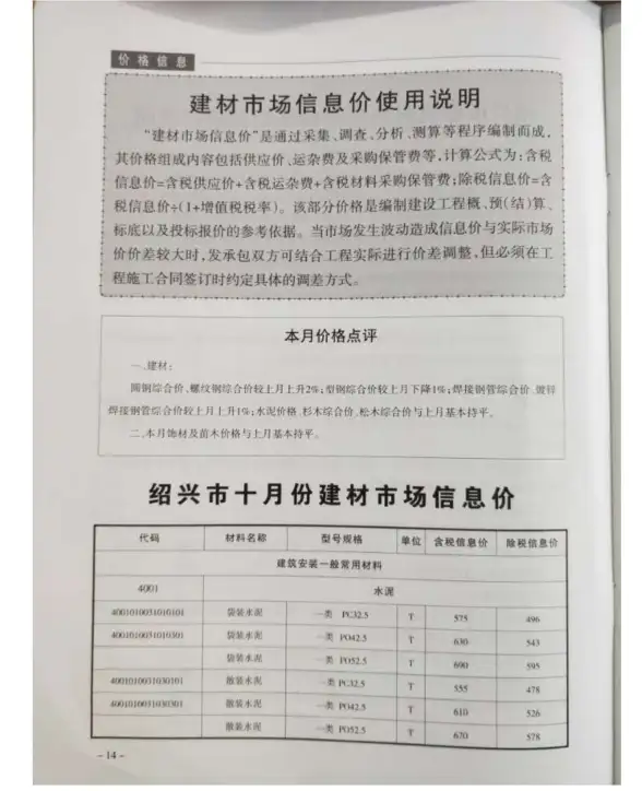 绍兴市2018年10月造价信息