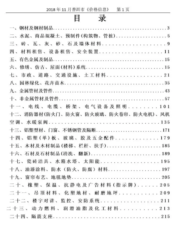 普洱市2018年11月造价信息