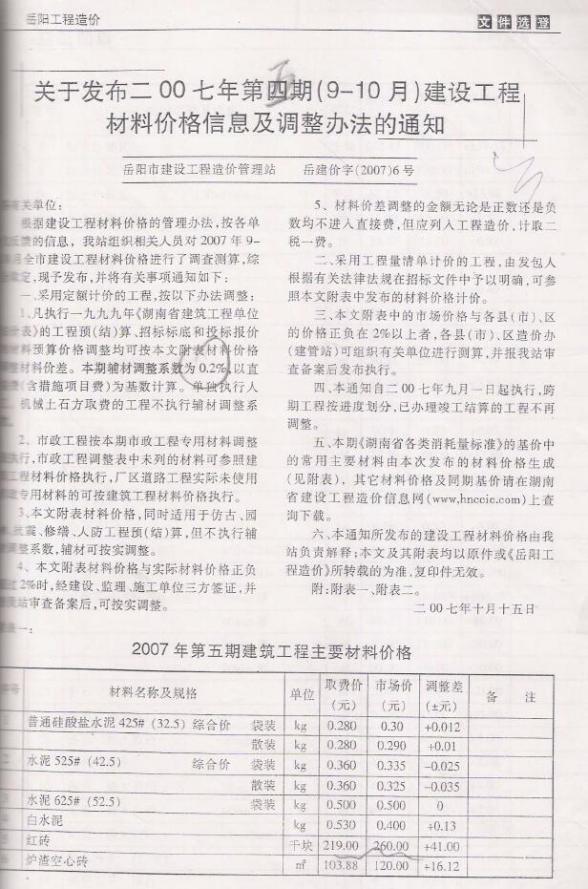 岳阳市2007年5期造价信息