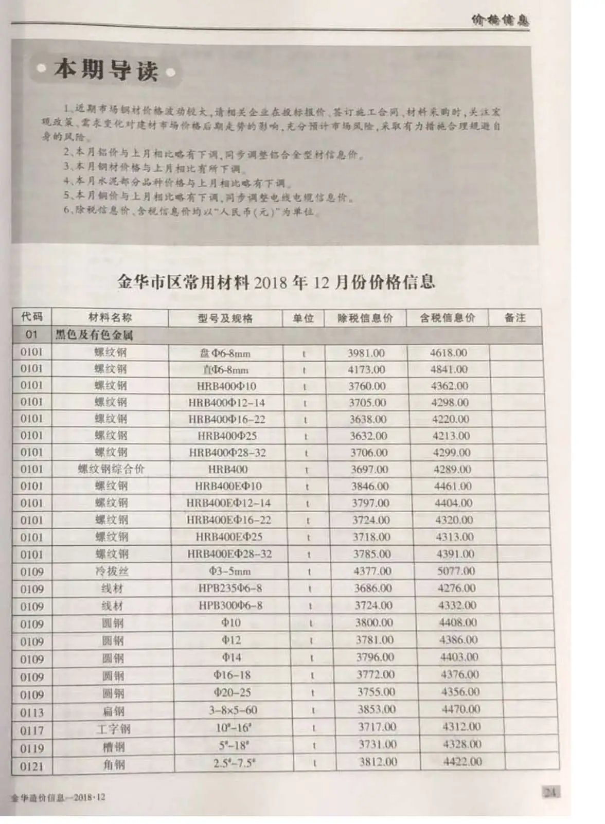 金华市2018年12月造价信息