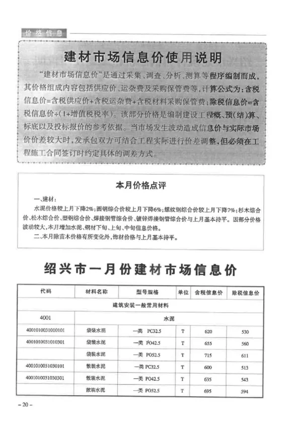 绍兴市2018年1月建设工程造价管理信息封面