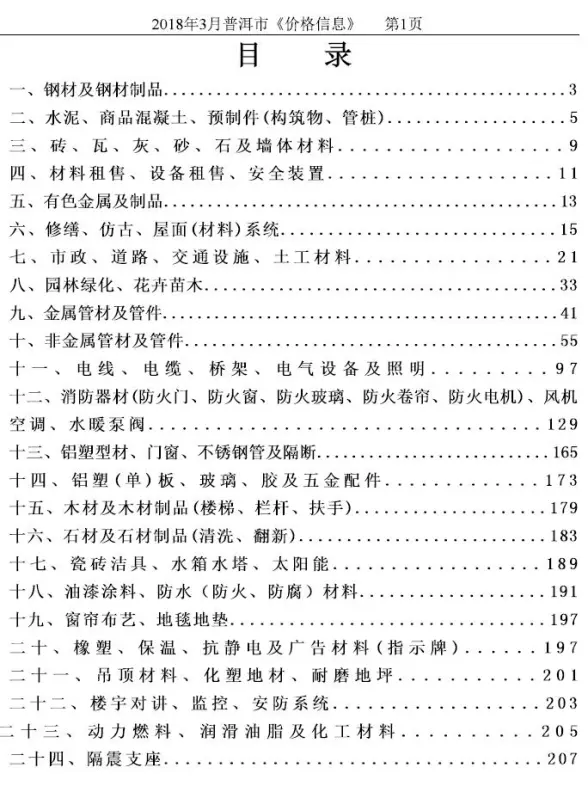 普洱市2018年第3期造价信息