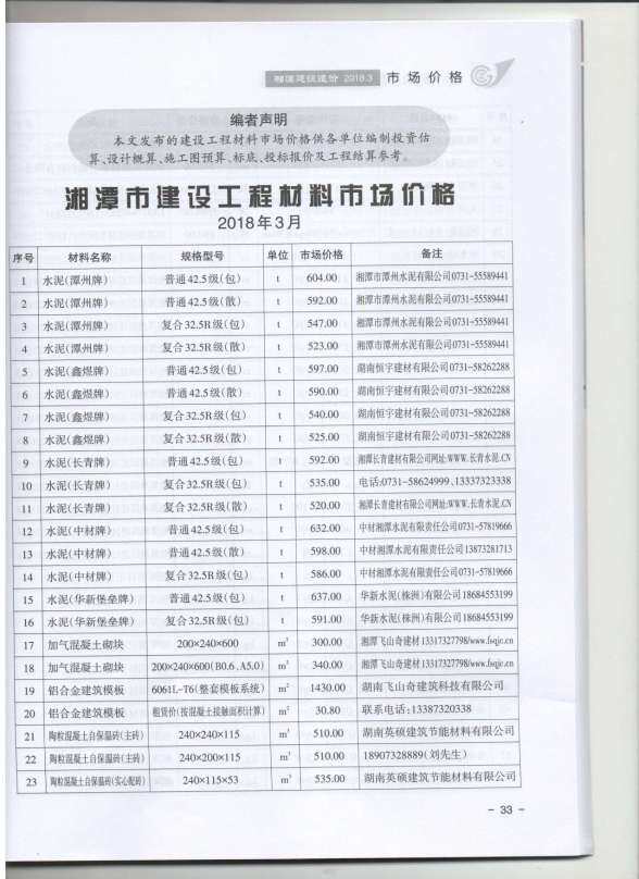 湘潭市2018年3月材料造价信息