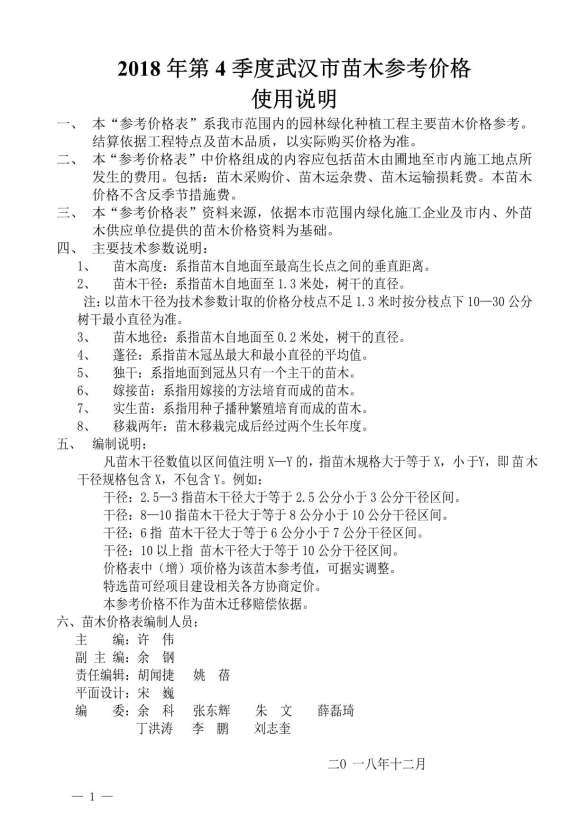 2018年4期武汉苗木建材结算价