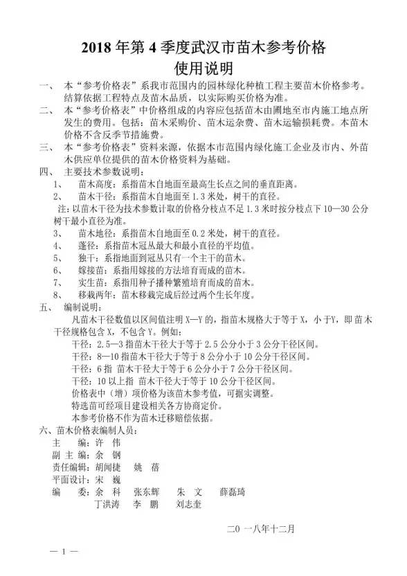 2018年4期武汉苗木造价信息