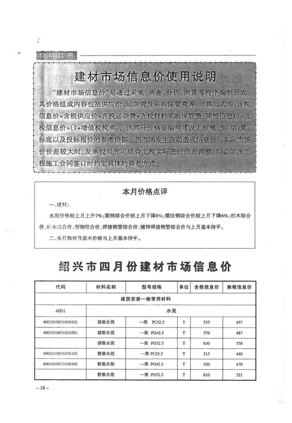 绍兴市2018年第4期造价信息