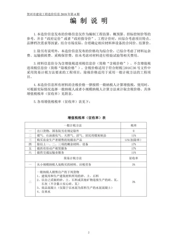 贺州市2018年第4期结算造价信息
