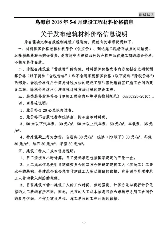 乌海市2018年第5期预算造价信息