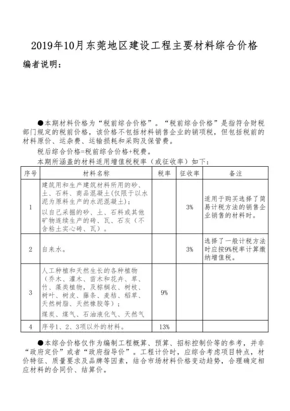 东莞市2019年10月招标造价信息