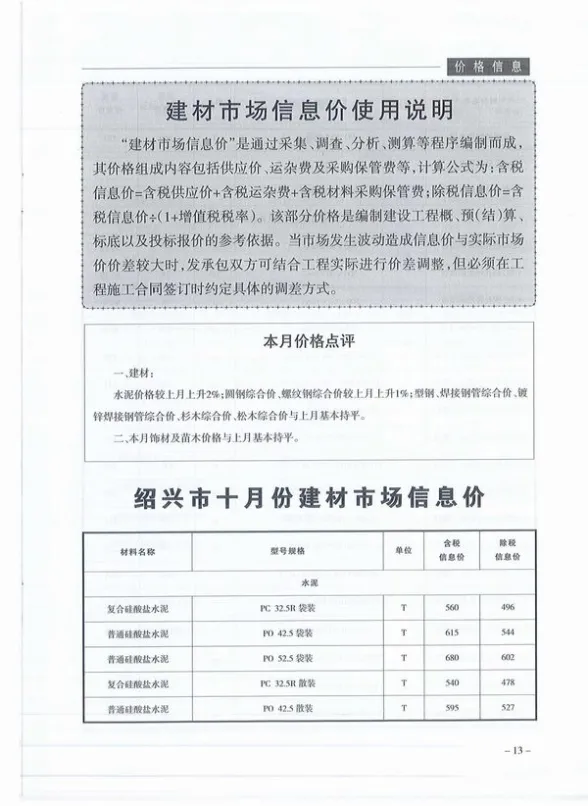 绍兴市2019年10月材料造价信息