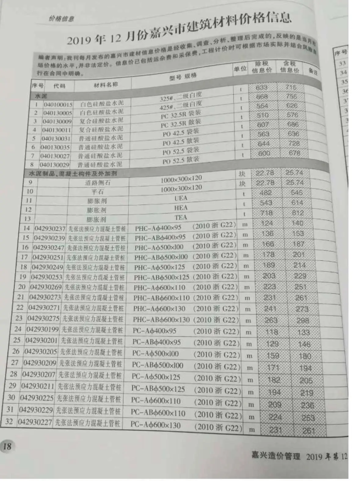 2019年12月嘉兴市造价管理综合信息