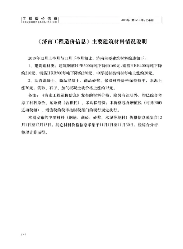 济南市2019年12月工程造价信息