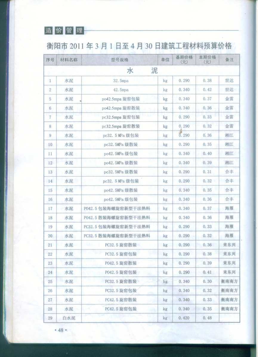 衡阳市2011年2月工程造价信息期刊