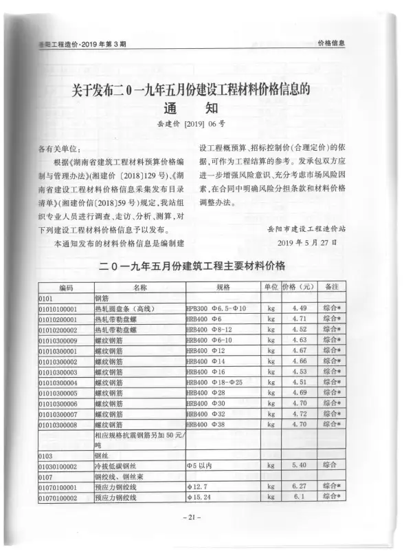 岳阳市2019年第3期工程造价信息