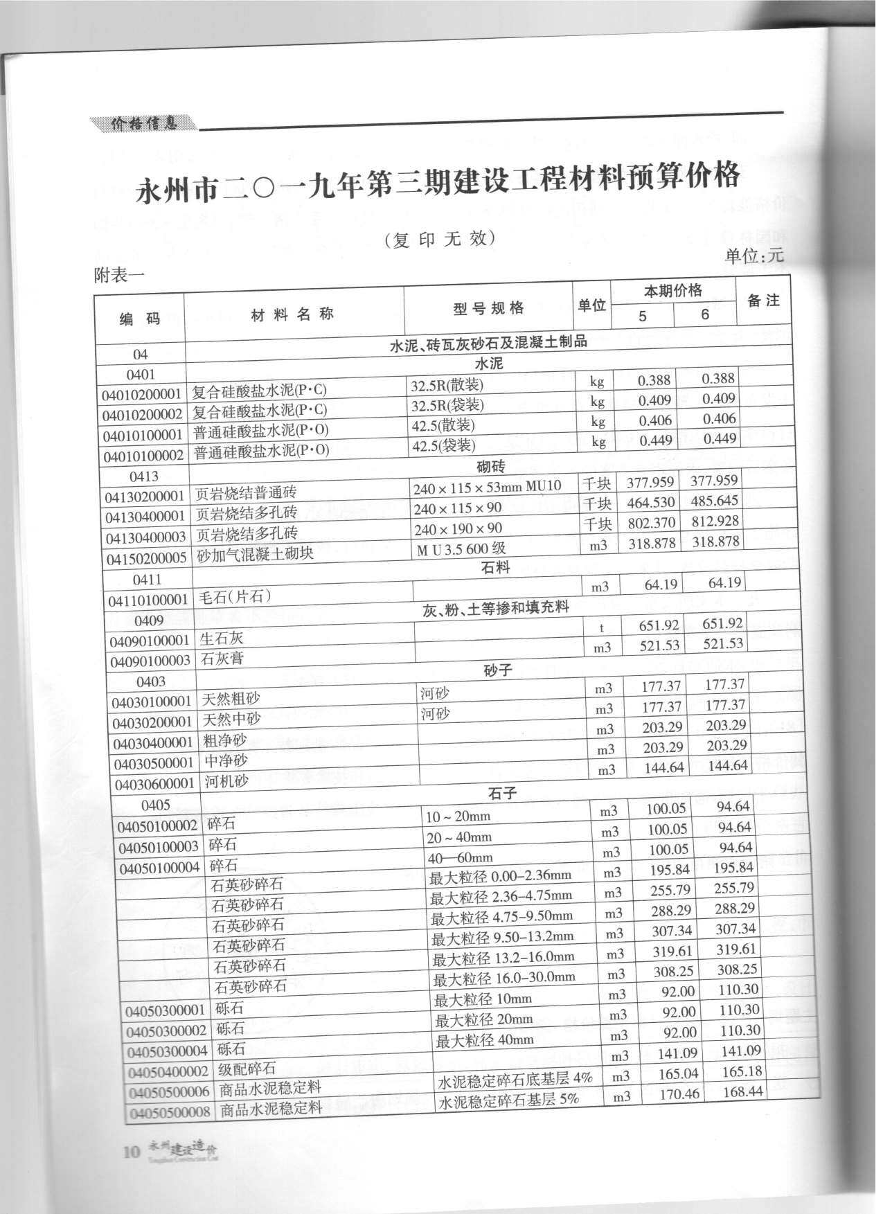永州市2019年3月造价信息造价信息期刊PDF扫描件