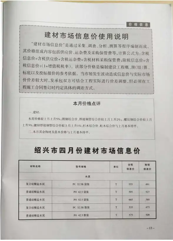 绍兴市2019年第4期材料造价信息